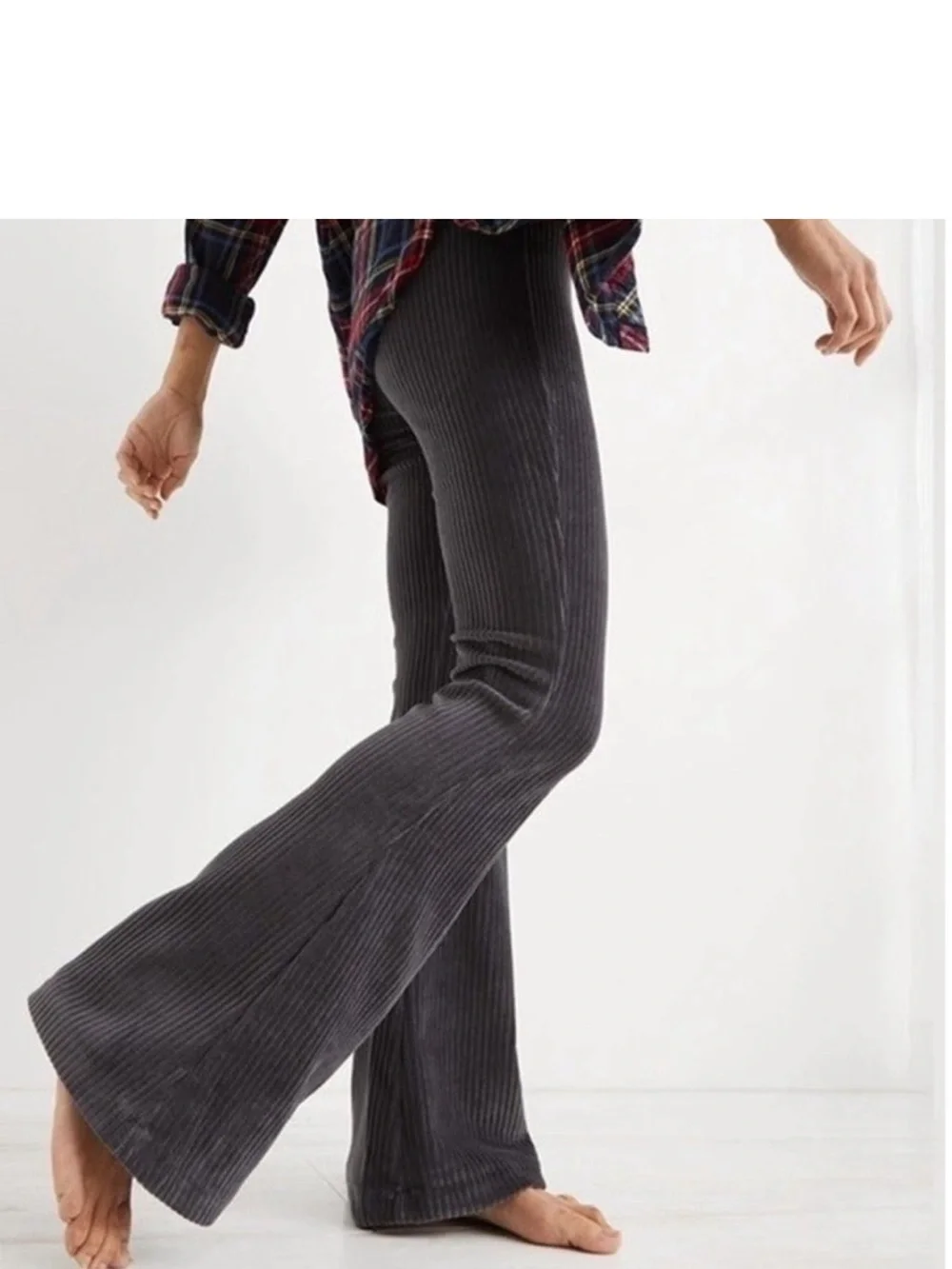 Aerie grey ribbed corduroy flare pants with an elastic waist,